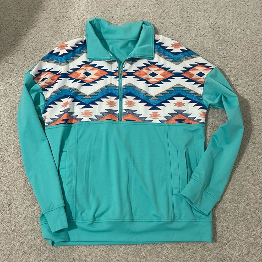 Lightweight Turquoise Aztec Pullover. Size Medium